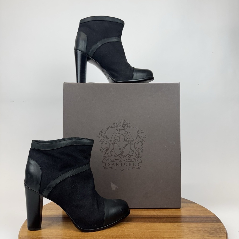 Womens Sartore Vacchetta Black Canvas Leather Block Heel Ankle Boots Size 36.5